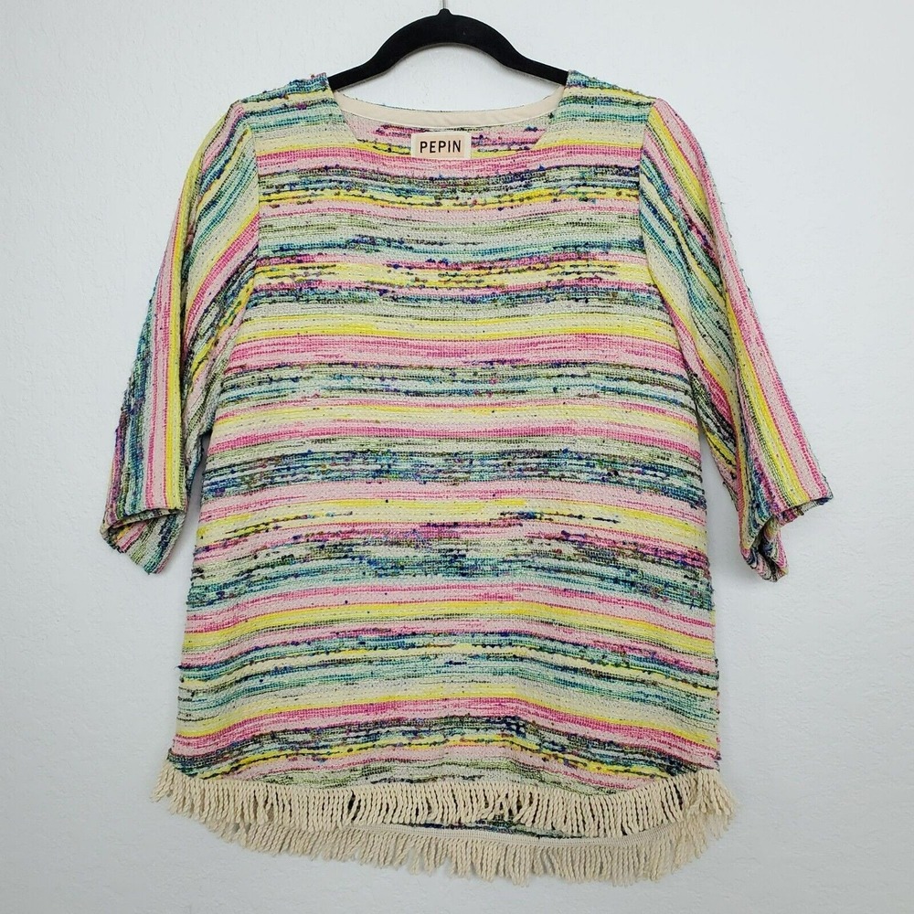 PEPIN Womens Top Size S Textured Striped Fringe Half Sleeve 3Dโ Multicolor